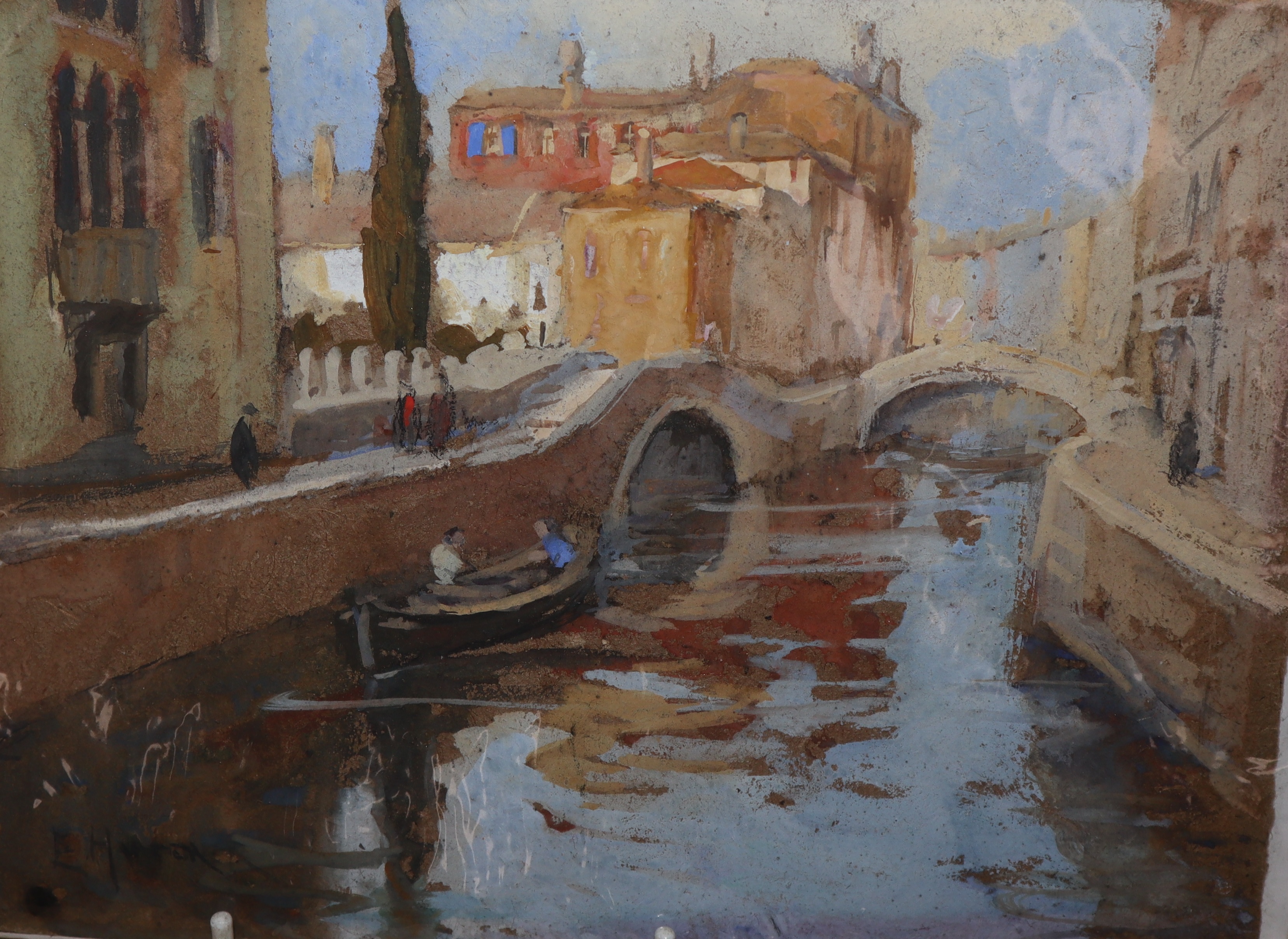 Eleanore Hunter (Exh. 1908-9), watercolour on brown paper, Venetian canal scene, signed, 19 x 25cm, unframed